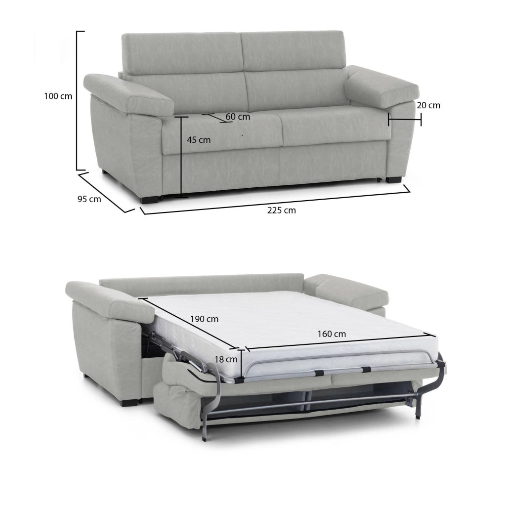 Pacecos, Divano Letto 3 Posti Sfoderabile Made in Italy, 225x95 cm Grigio Chiaro