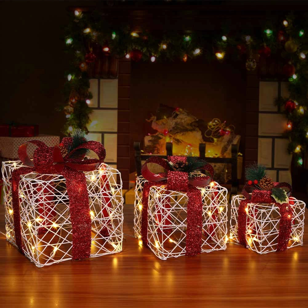 Set 3 Pacchi Regalo Natale Luminosi Bianco Rosso LED Decorazione Interno Esterno