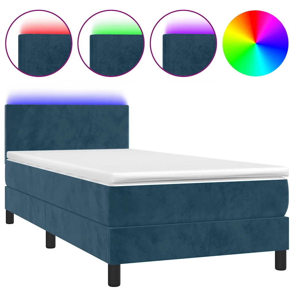 Letto a Molle con Materasso e LED Blu Scuro 90x200cm in Velluto
