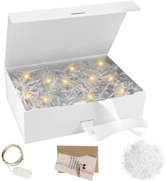 Scatola di regalo con coperchio - Scatola da matrimonio pieghevole - Con luci LED - 23 x 17 x 7 cm - Scatola di regalo per compleanni - Adatta per Natale