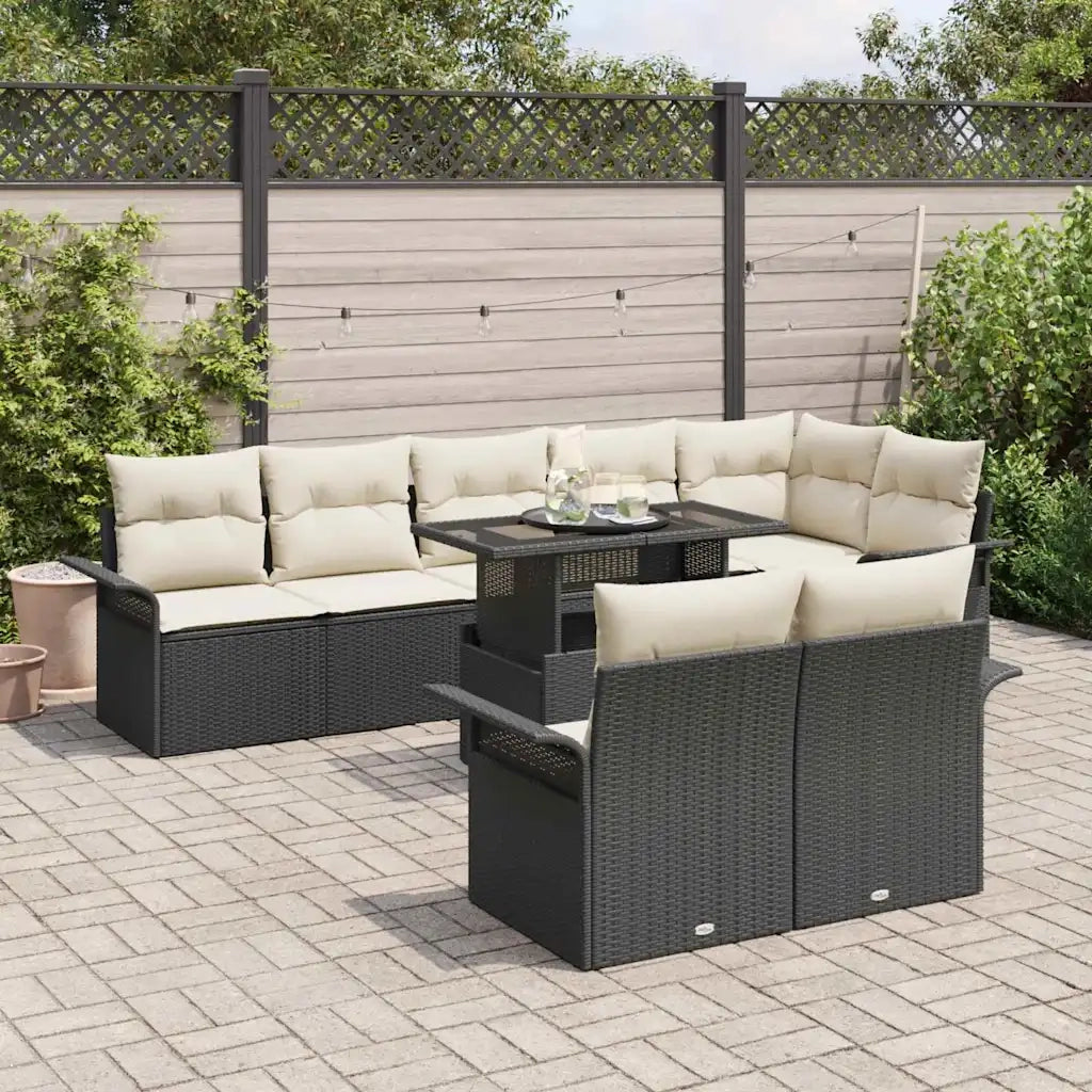 Set Divano da Giardino con cuscino 9 pcs Nero Poly Rattan