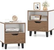Set di 2 Comodini 37 x 33 x 44 cm, Tavolini da Letto con Cassetto, Scomparto Aperto e Gambe in Metallo, Mobile Laterale per Camera da Letto, Salotto e Soggiorno, Naturale e Bianco (2)