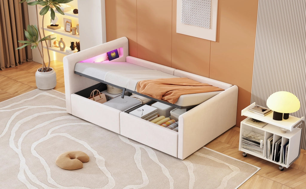 letto imbottito velluto beige 90 x 200 cm