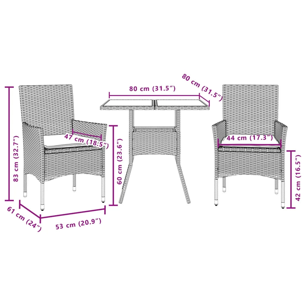 Set Pranzo da Giardino 3pz con Cuscini Polyrattan e Vetro