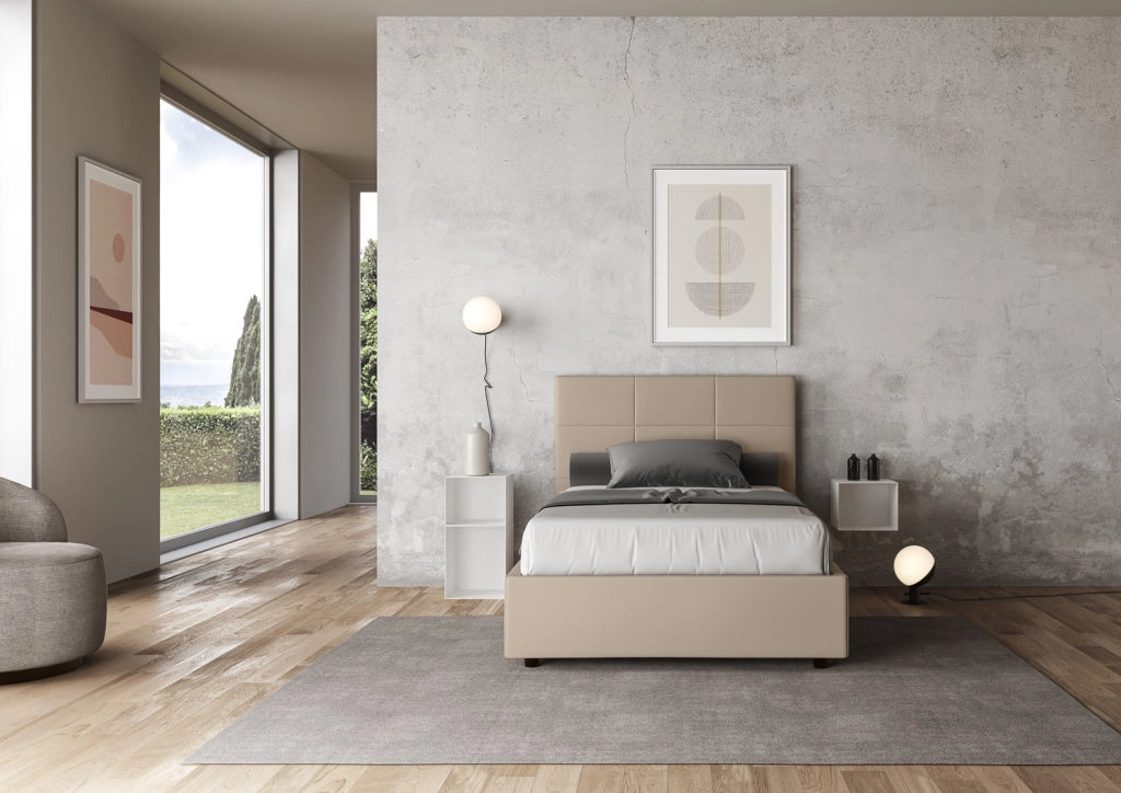 BS COM Letto una piazza e mezza con rete imbottito 130x190 similpelle tortora