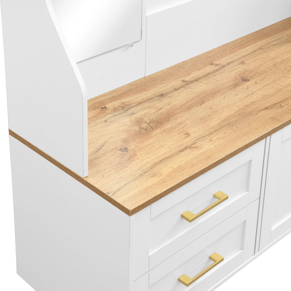 OKWISH Mobile da Ingresso con 2 Ante e 2 Cassetti, Specchio, Ganci, LED e Seduta, per Ingresso, MDF, Bianco e Legno, 120×40×187 cm