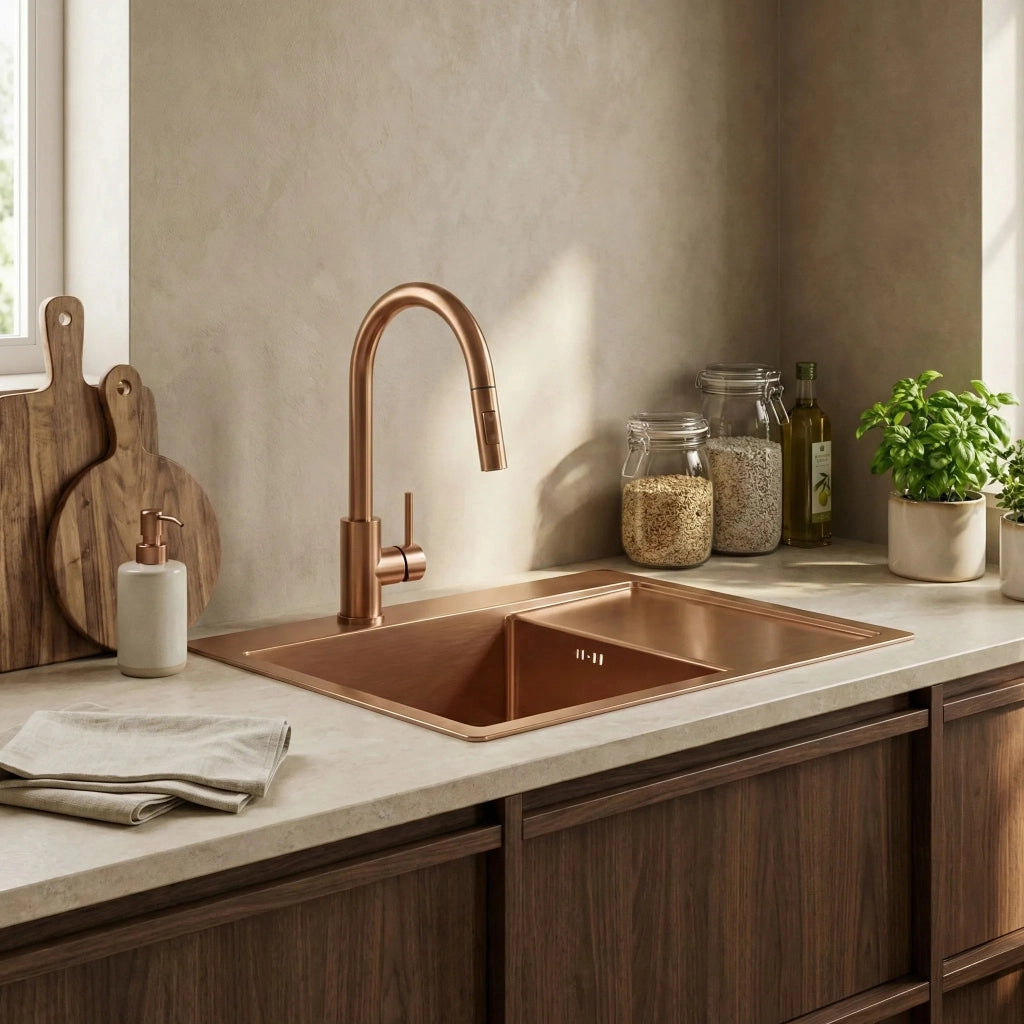 Lavello In Acciaio Fin Brush Copper senza rubinetto da cucina