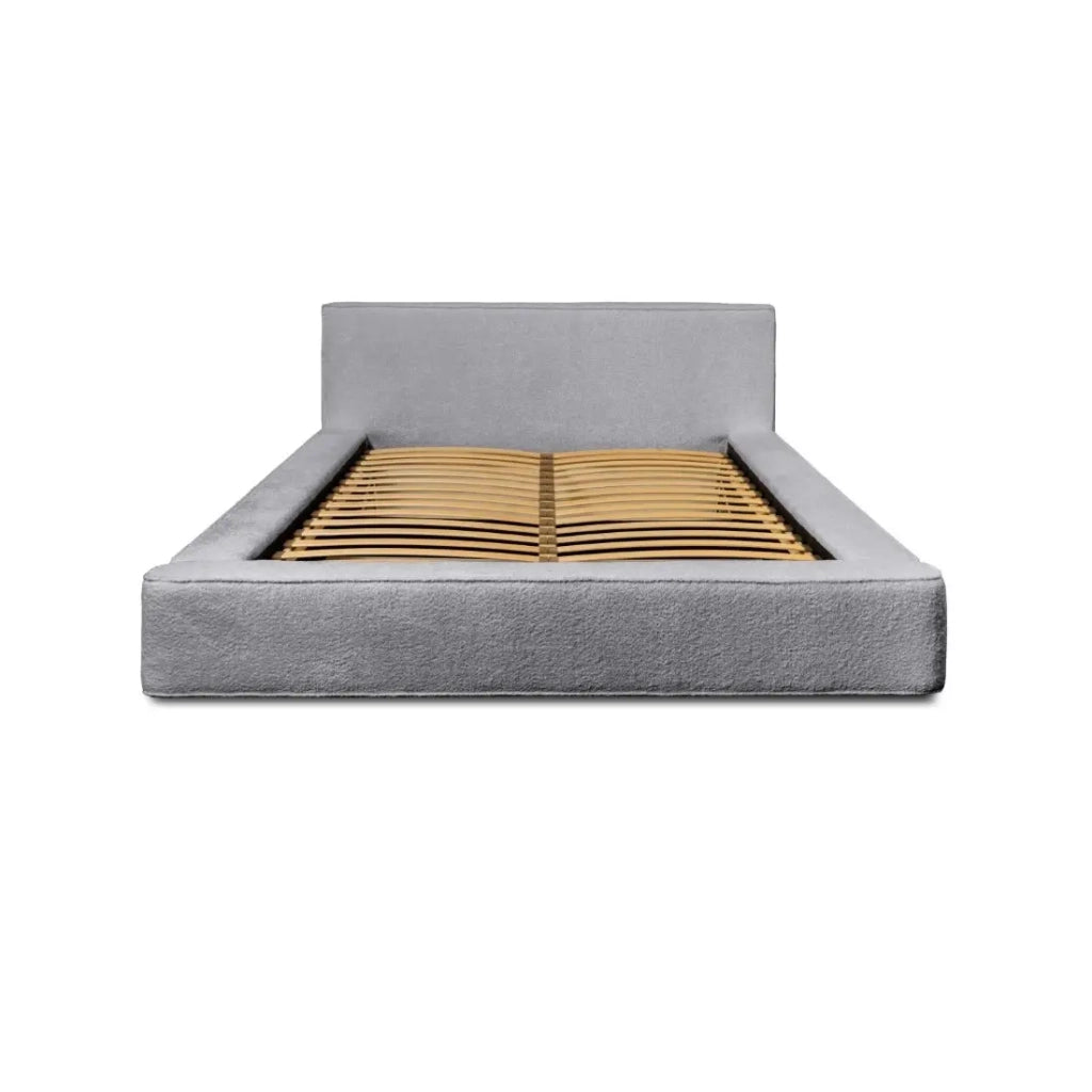 Letto contenitore VELORA – Grigio perla bouclé – 160x200 cm – Tessuto velluto morbido – Rete sollevabile – Spazio di stoccaggio integrato