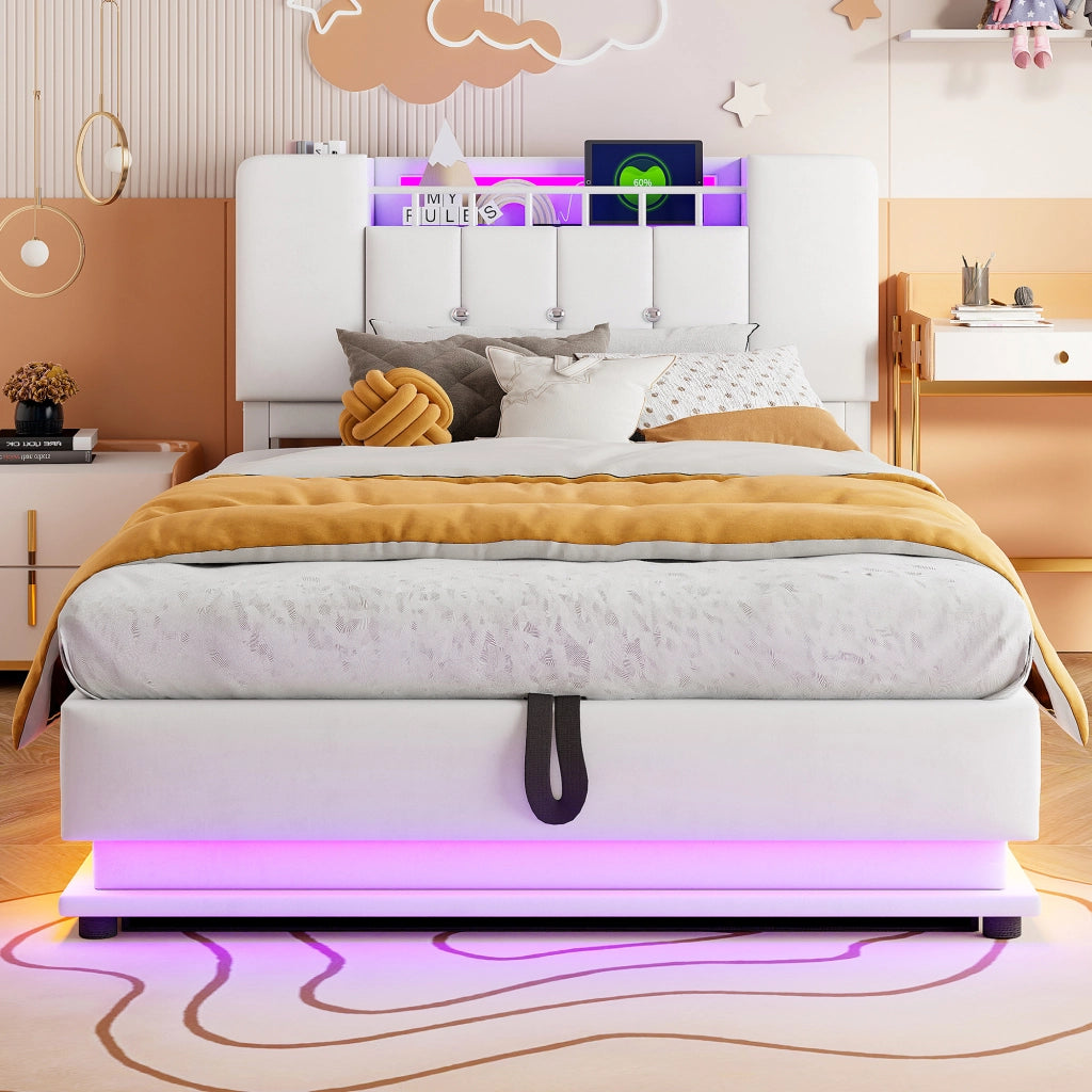 LETTO Polsterbett per bambini 90x200 cm Beige con LED, USB e contenitore