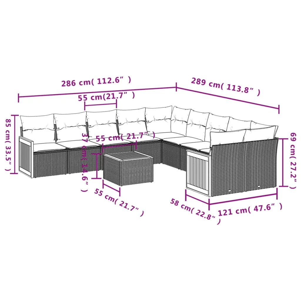 Set Divani da Giardino 11 pz con Cuscini Beige in Polyrattan