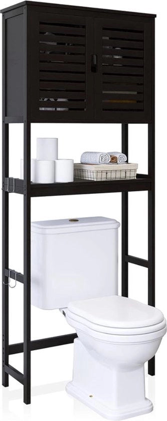 Cassettiera da bagno sovrastante il water, 2 ante cassettiera in legno di bambù organizzatore, toilette libera con mensola regolabile e ante aperte (nero)
