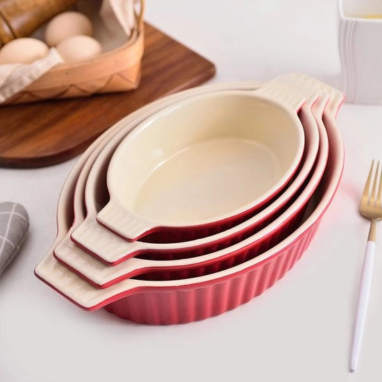Bakvorm ovaale, 24,1 cm, 28,6 cm, 32,4 cm, 36,8 cm, con maniglie in ceramica, ideale per lasagna, torta, teglia per forno, tapas, rosso, 4 pezzi