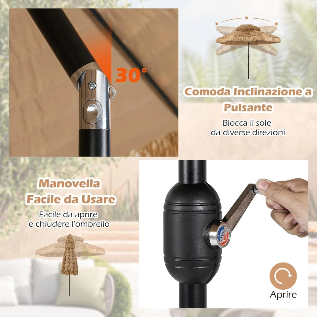 Ombrellone da Spiaggia 300 cm, Ombrellone Hawaiano in Paglia PE con 8 Stecche, Manovella Manuale, Inclinazione Regolabile, Ombrellone Portatile per Spiaggia, Patio