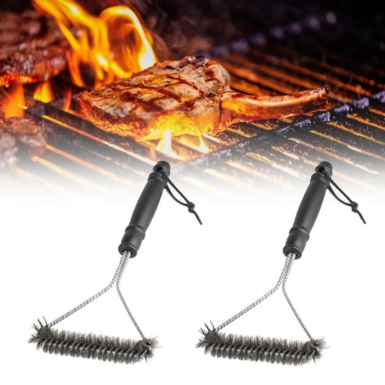 Set di spazzole per griglia 30 cm - 2 pezzi - setole in ottone - acciaio inossidabile - protezione antibranding - manico ergonomico - pulitore per griglia