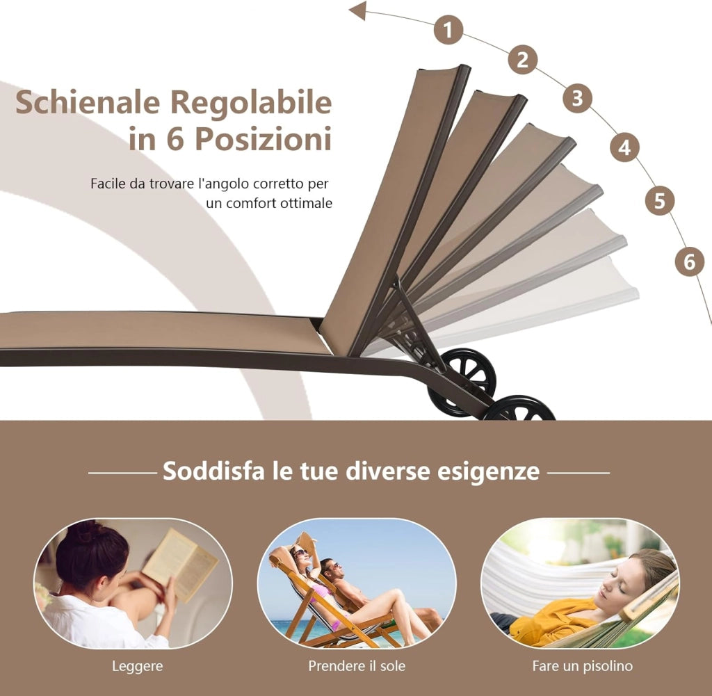 Lettino Prendisole da Giardino, Sdraio da Giardino con Ruote, Schienale Regolabile in 6 Posizioni, per Spiaggia, Piscina e Balcone, Portata 150 kg (Marrone)