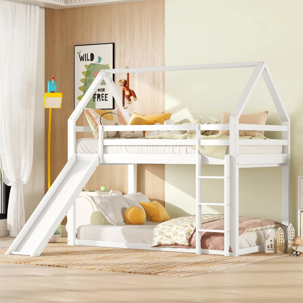 Letto a castello a casetta 90x200 cm con scivolo e scala, bianco