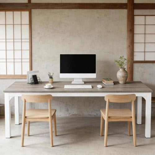 SCRIVANIA Computer per 2 Persone 200x70x75 cm Metallo e Legno Taupe/Bianco