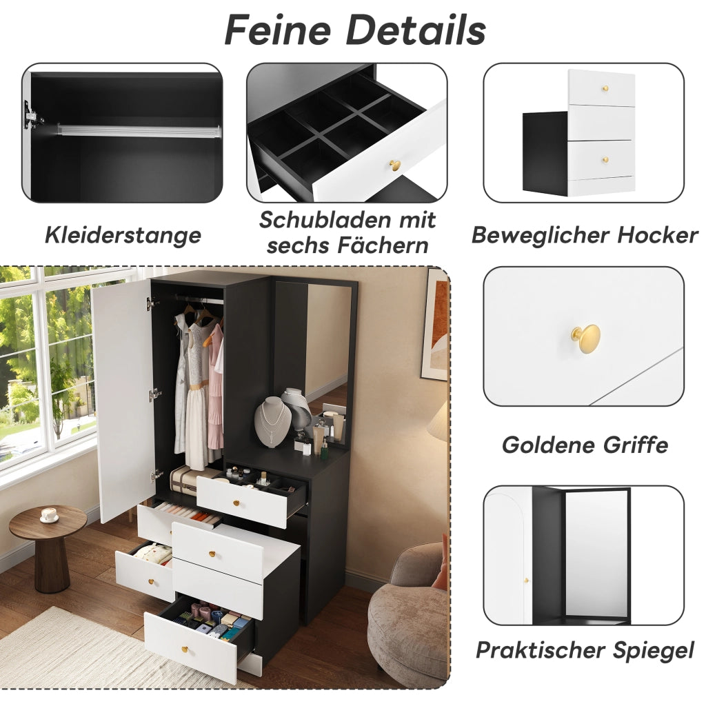 Toeletta con armadio laterale, specchio intero, 6 scomparti e 4 cassetti, per camera da letto, 90 × 50,5 × 160 cm