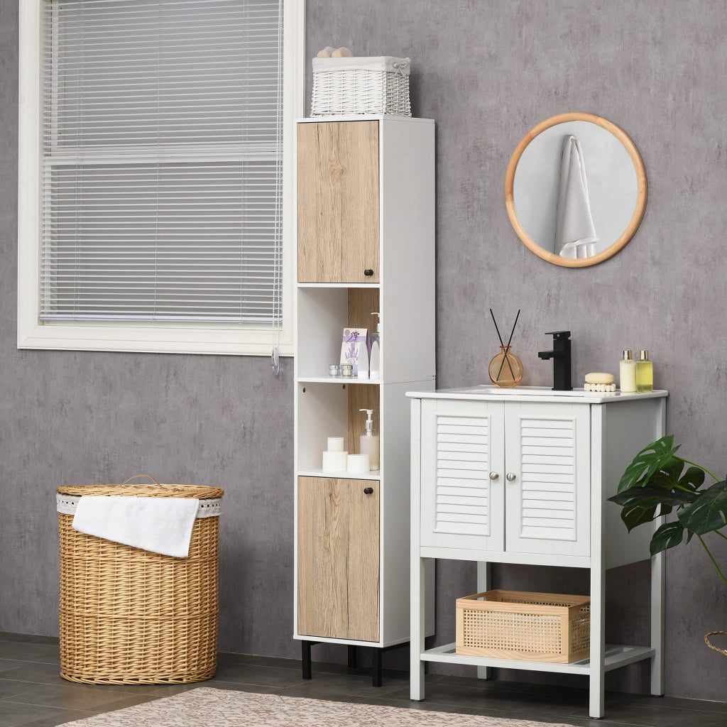 Colonna da Bagno con 6 Compartimenti ¨C Minimal ¨C 31.5x30x169 cm Bianco e Rovere