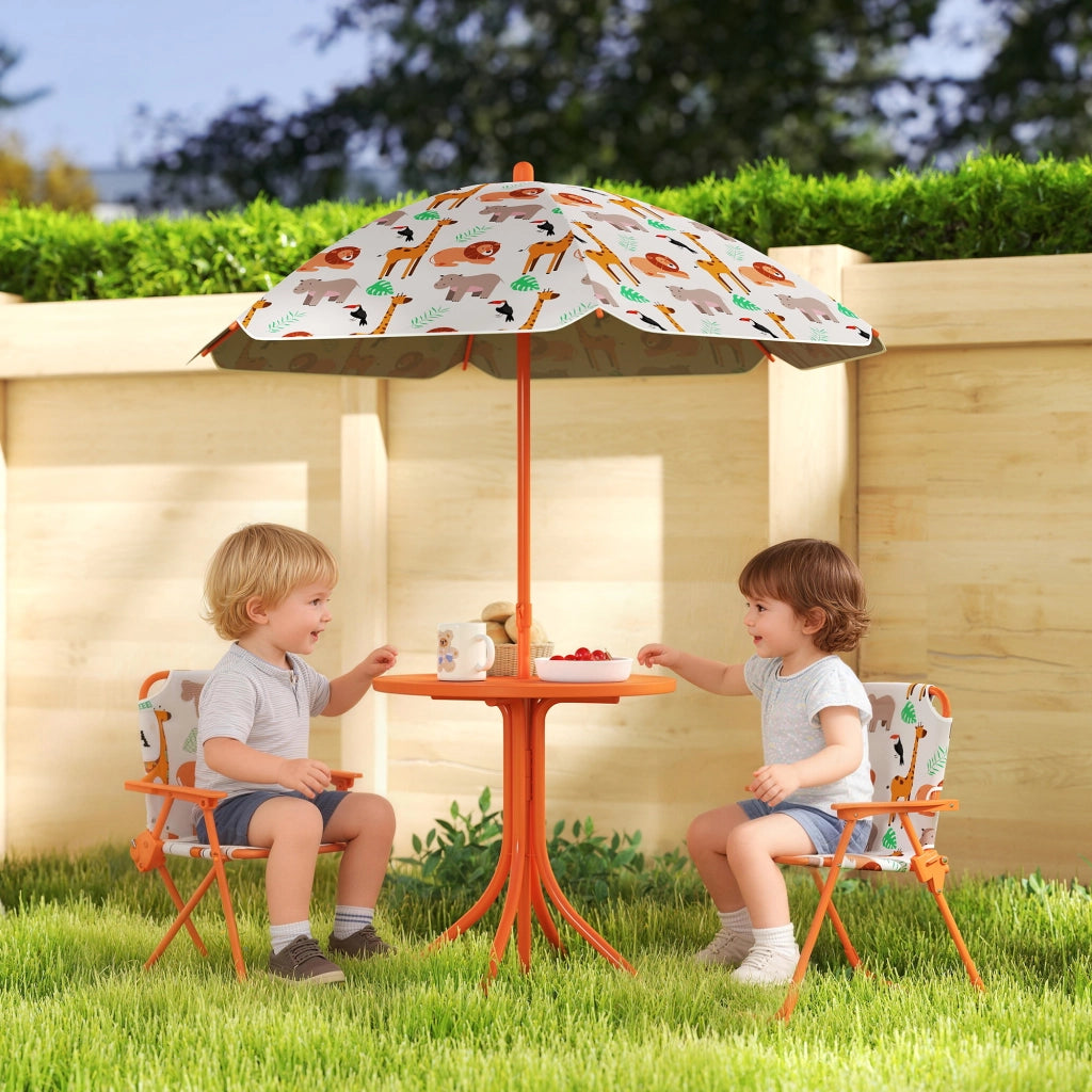 Set da giardino per bambini con tavolo e 2 sedie pieghevoli e ombrellone ¨C Minimal ¨C arancione, ? 100 cm, motivo animali