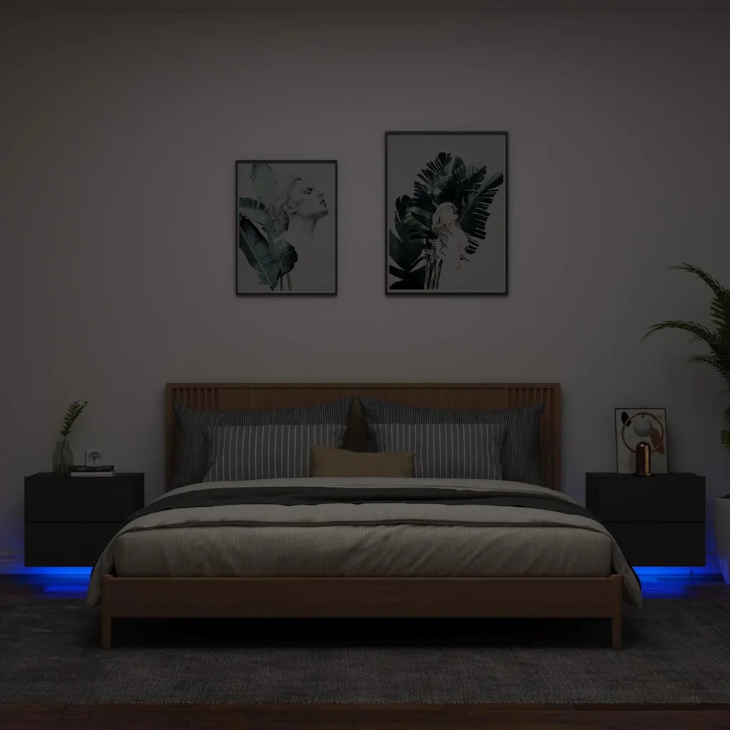Comodini a Parete con Luci LED 2 pz Neri 836815