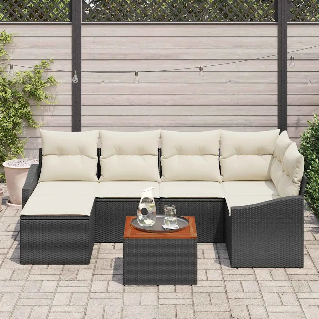 Set Divano da Giardino 7 pcs Nero e Crema polyrattan