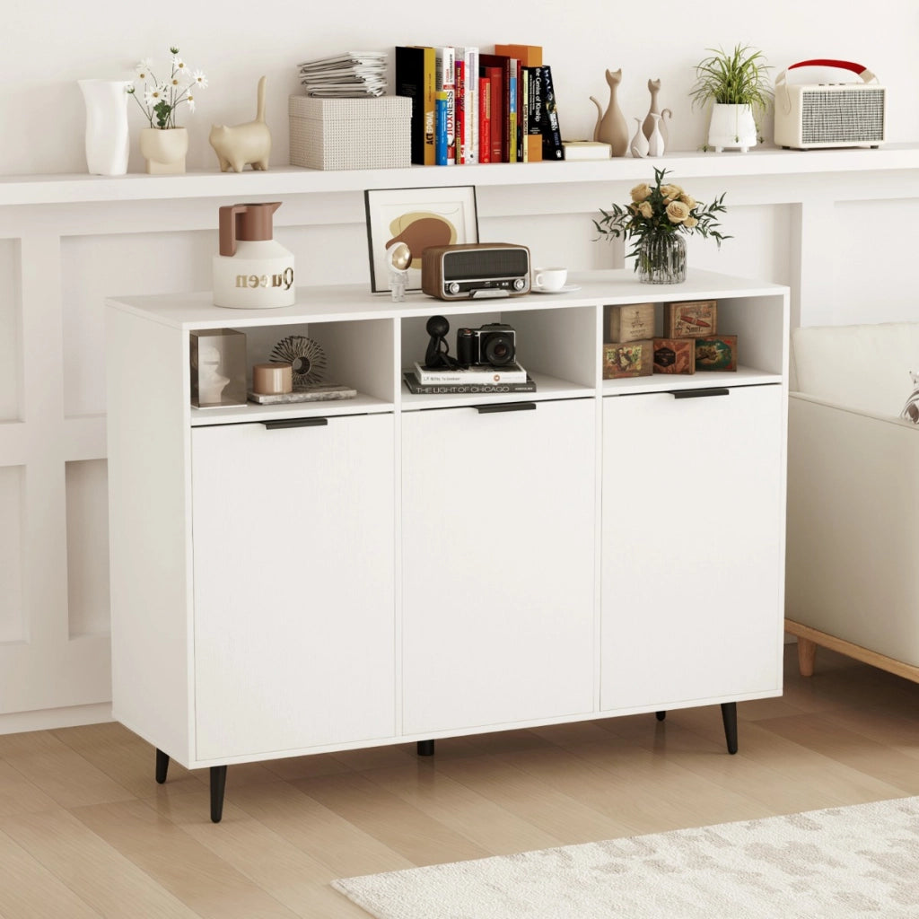 Credenza buffet laterale con 3 scomparti aperti e 3 ante, Mobile da cucina con 5 ripiani regolabili a 5 posizioni Bianco