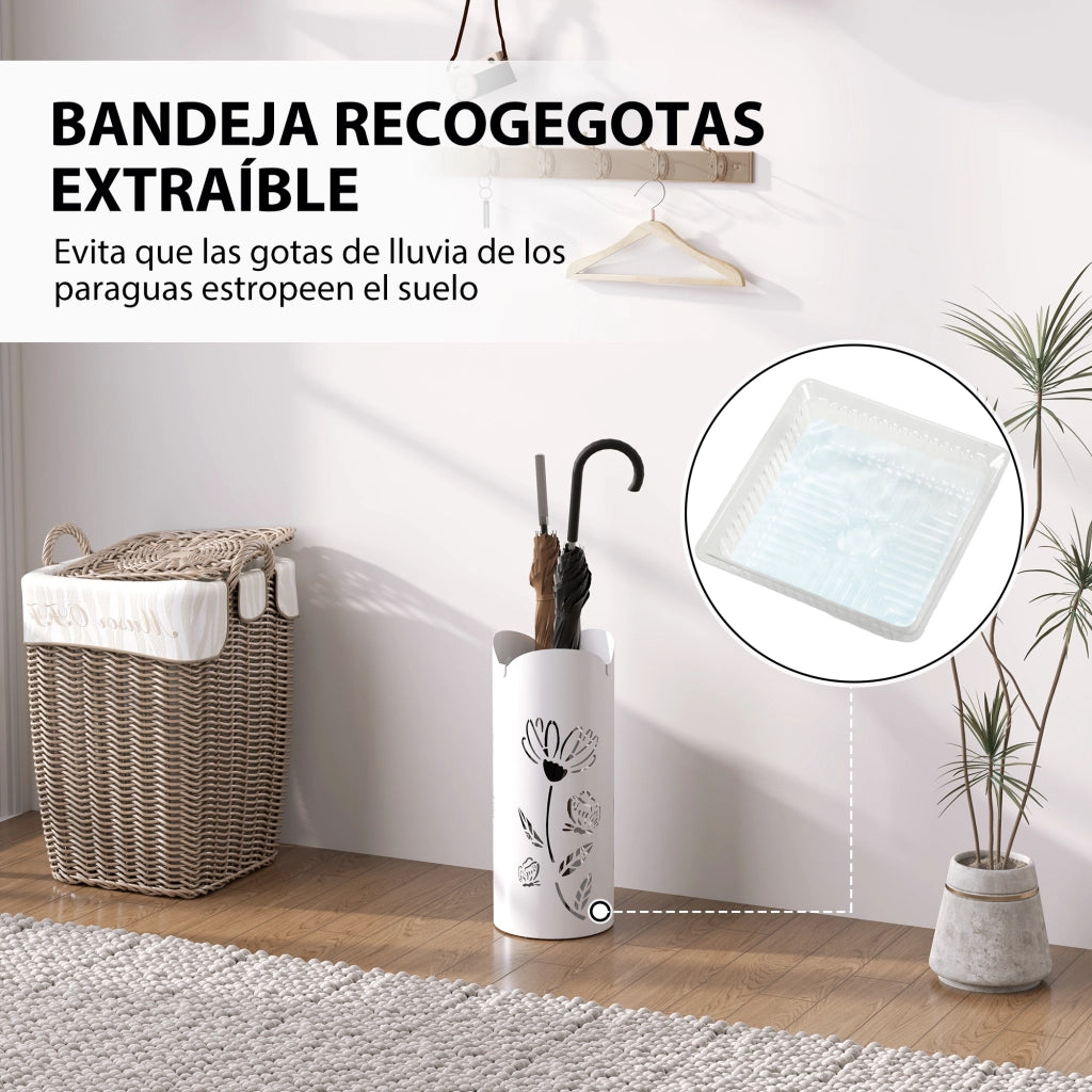 Portaombrelli in Acciaio con Ganci e Bandeja ¨C Minimal ¨C 17x17x41 cm Bianco