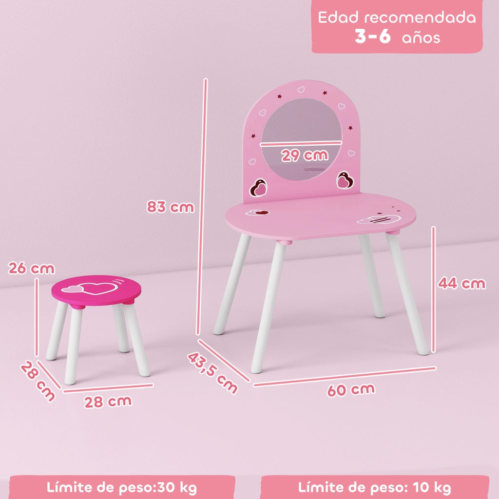 Tocador Bambini con Specchio e Sgabello ¨C Zephmum ¨C Rosa 3-6 Anni