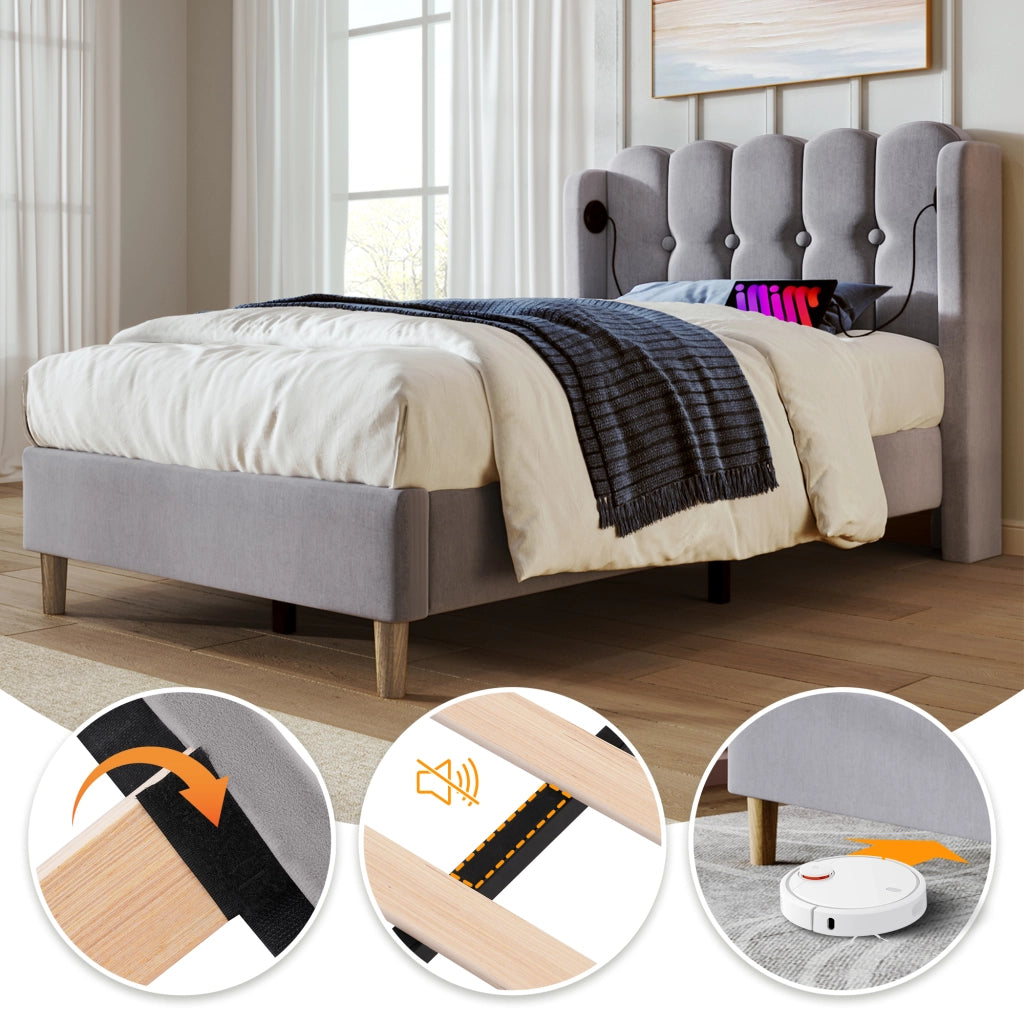 letto imbottito in lino grigio 90 x 200 cm