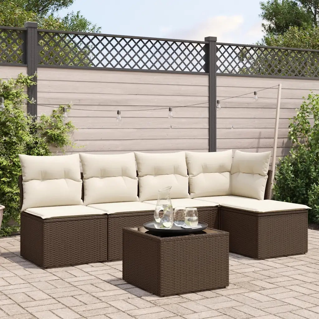 Set Divano da Giardino 6 pz | Set Salotto da Giardino con Cuscini Marrone in Polyrattan
