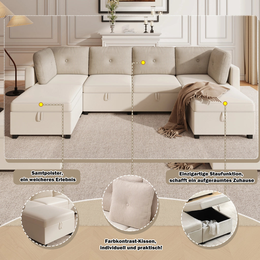 Divano Angolare Modulare 6 Posti con Contenitore, Trasformabile ¨C Xylo ¨C Velluto e Tessuto Grigio