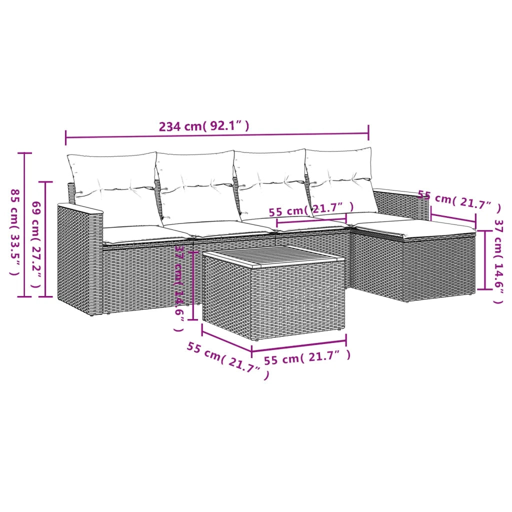 Set Divano da Giardino 6 pz con Cuscini Nero in Polyrattan 3225923