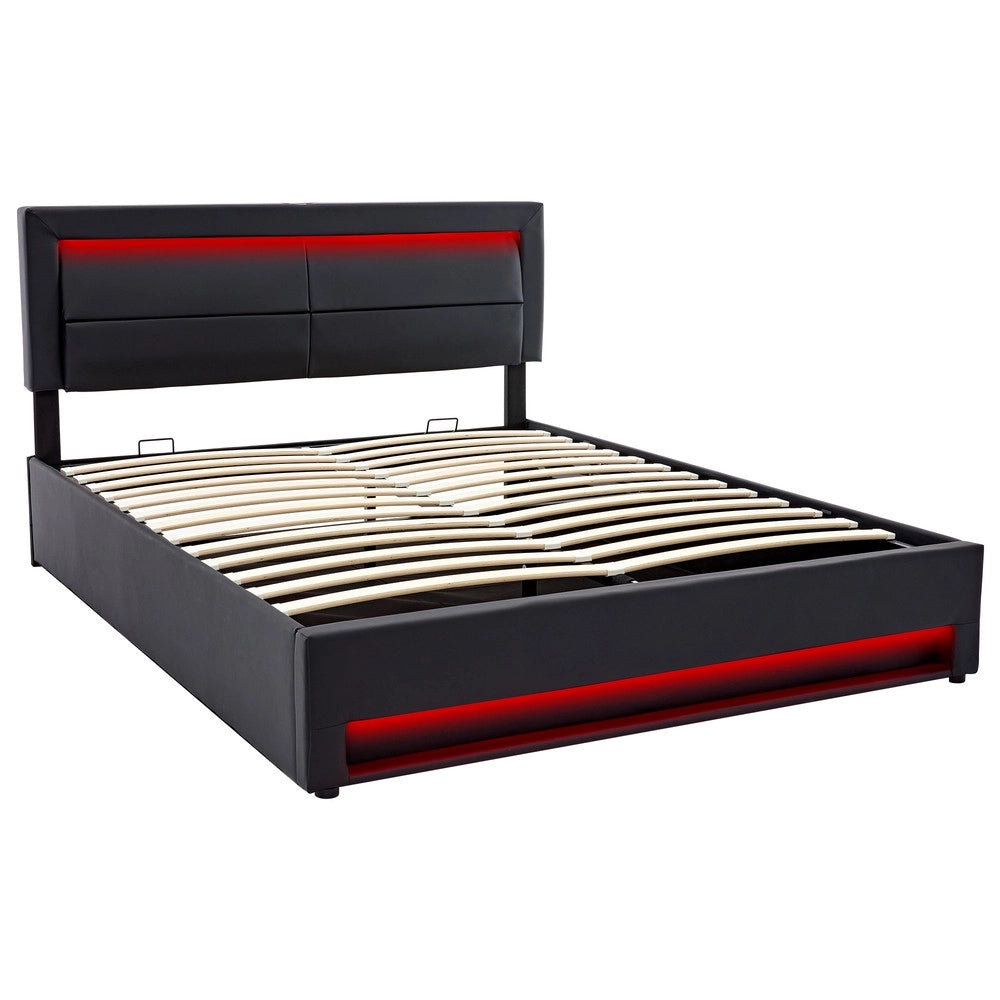 Letto Imbottito con LED e Contenitore ¨C MINIMAL ¨C Nero, 140x190, USB