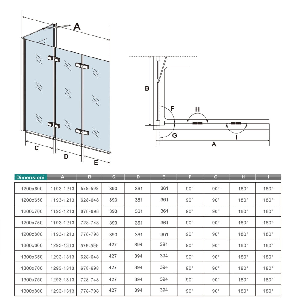 H.140 cm Parete Doccia Per Vasca con Lato Fisso 130x70 cm 3 Ante Movibili Pieghevoli a Libro in Vetro Temperato 6 mm Trasparente Anticalcare Telaio Cromo Lucido