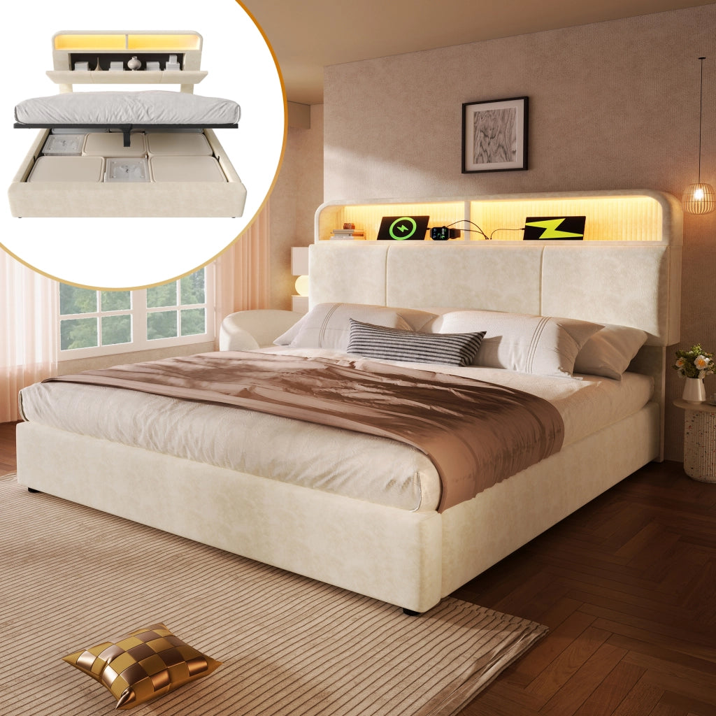 Letto imbottito idraulico 140x200cm con illuminazione LED; USB C e velluto in beige