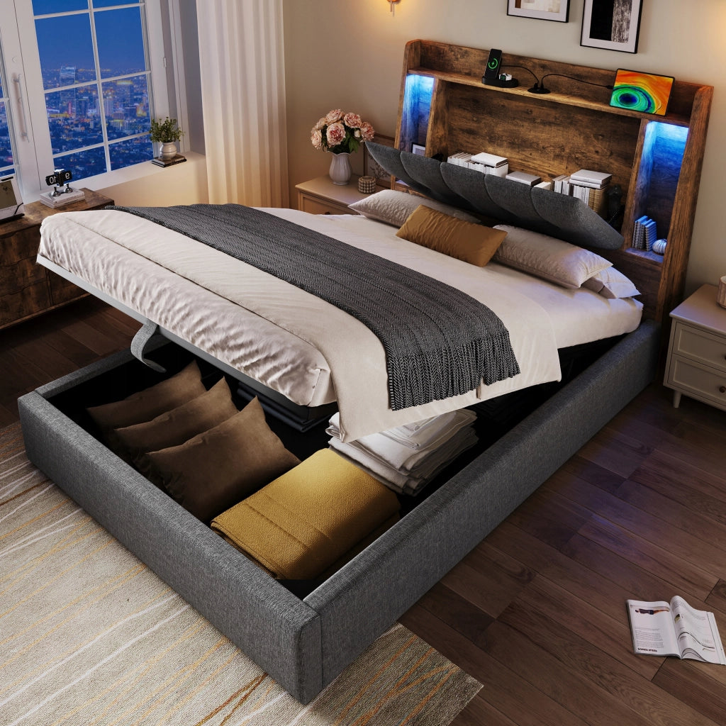 Letto imbottito singolo - Xylo - 90x200 - Grigio - Stelaio sollevabile USB-C