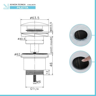 Piletta di scarico clic clac effetto marmo nero con e senza troppopieno