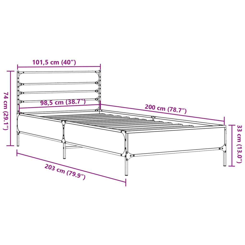 Letto singolo | Letto per adulti | Giroletto Grigio Sonoma 100x200 cm Legno Multistrato e Metallo