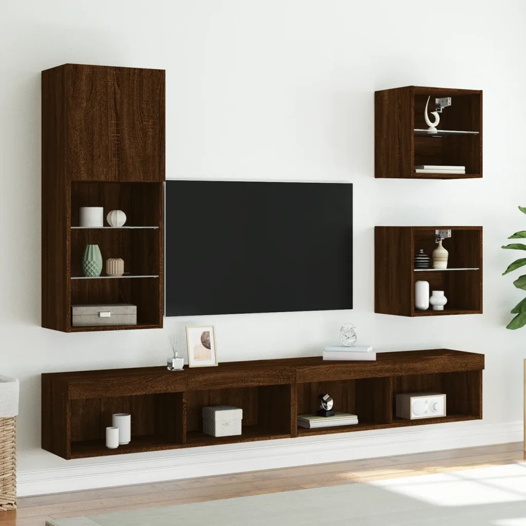 Comodini con Luci LED a Parete 2pz Rovere Marrone 837077