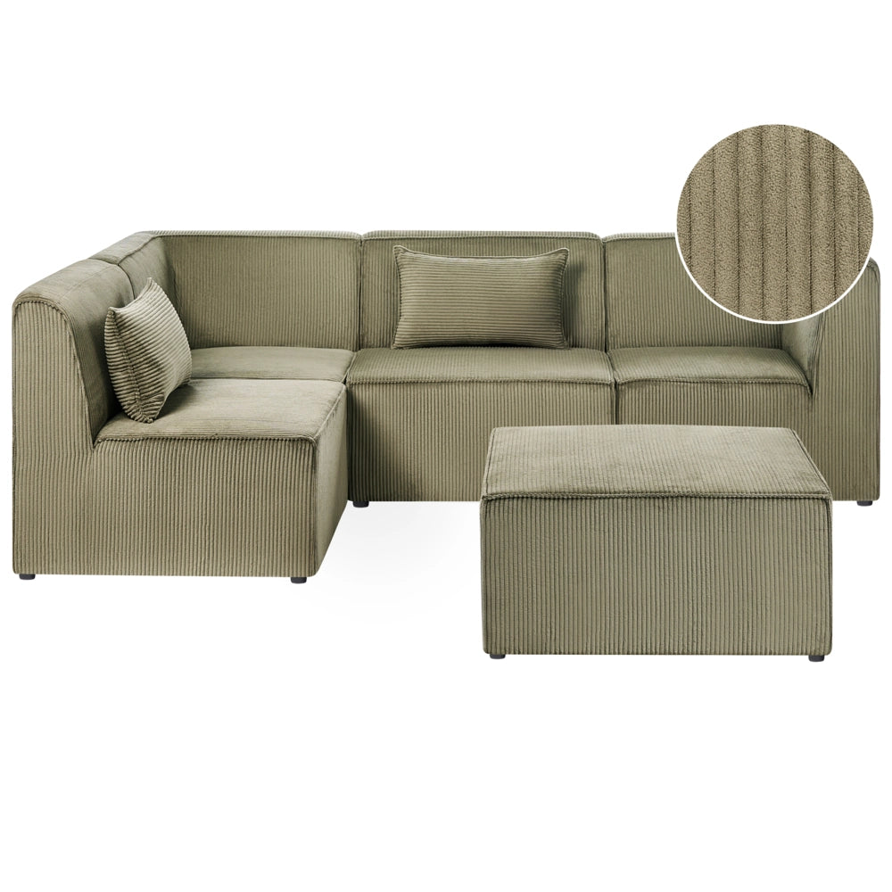 Divano modulare lato destro 4 posti con Ottomana in Velluto a coste verde design moderno soggiorno