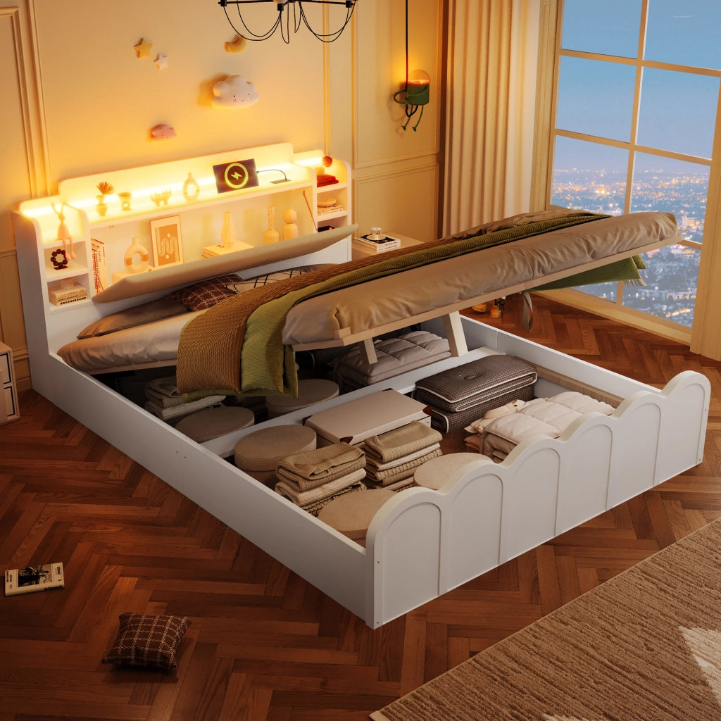 Letto Contenitore Imbottito con LED e USB ¨C MINIMAL ¨C Bianco 140x200