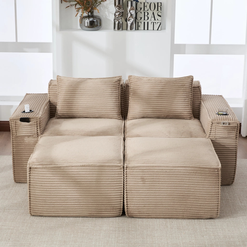 Divano modulare 2 posti in tessuto a coste con portabicchieri e tasche laterali comode khaki 188 × 162 × 75 cm