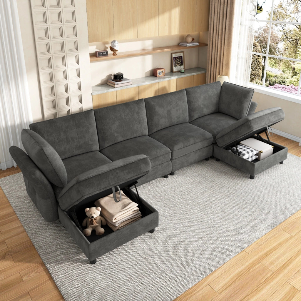 Divano angolare modulare a U 6-7 posti con contenitore e 2 pouf, in ciniglia grigio