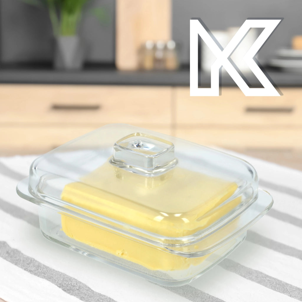 Burriera in vetro KADAX con coperchio e manico.