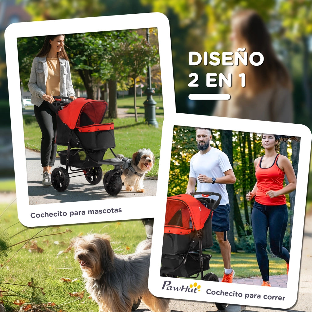 Passeggino per Cani a 3 Ruote ¨C Xylo ¨C con Finestre in Rete, Cestino Portaoggetti e Cinture di Sicurezza, 109,5x57,5x106,5 cm, Rosso
