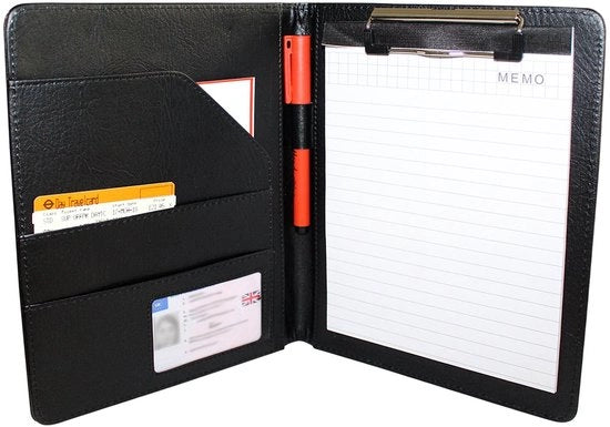 Organizzatore A5 in Pelle Finta Nera - Impermeabile - Chiusura a Scomparsa - Portafoglio per Ufficio - Archiviazione Documenti - Incluso Quaderno di Note e Fermo Foglio