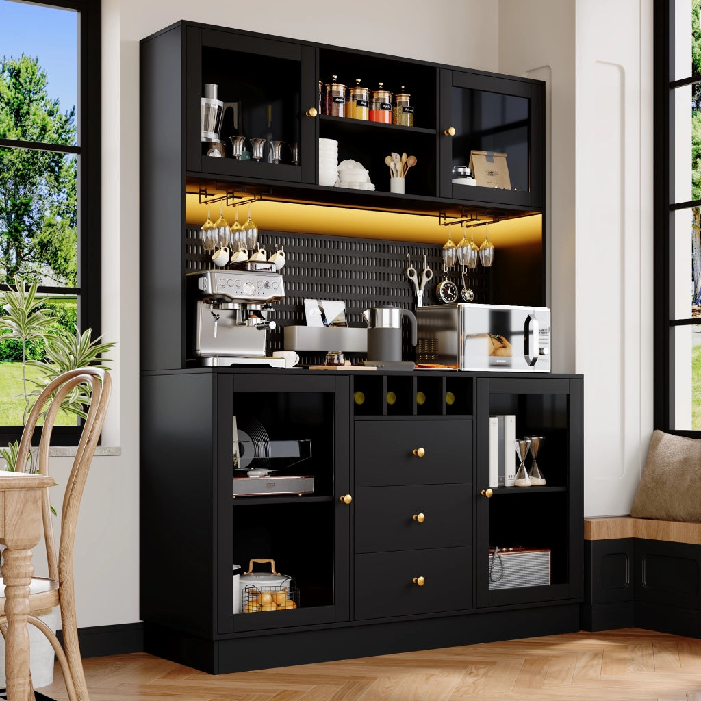 Armadio Alto da Cucina con Luce LED, Ripiani e Portabottiglie ¨C Xylo ¨C Nero