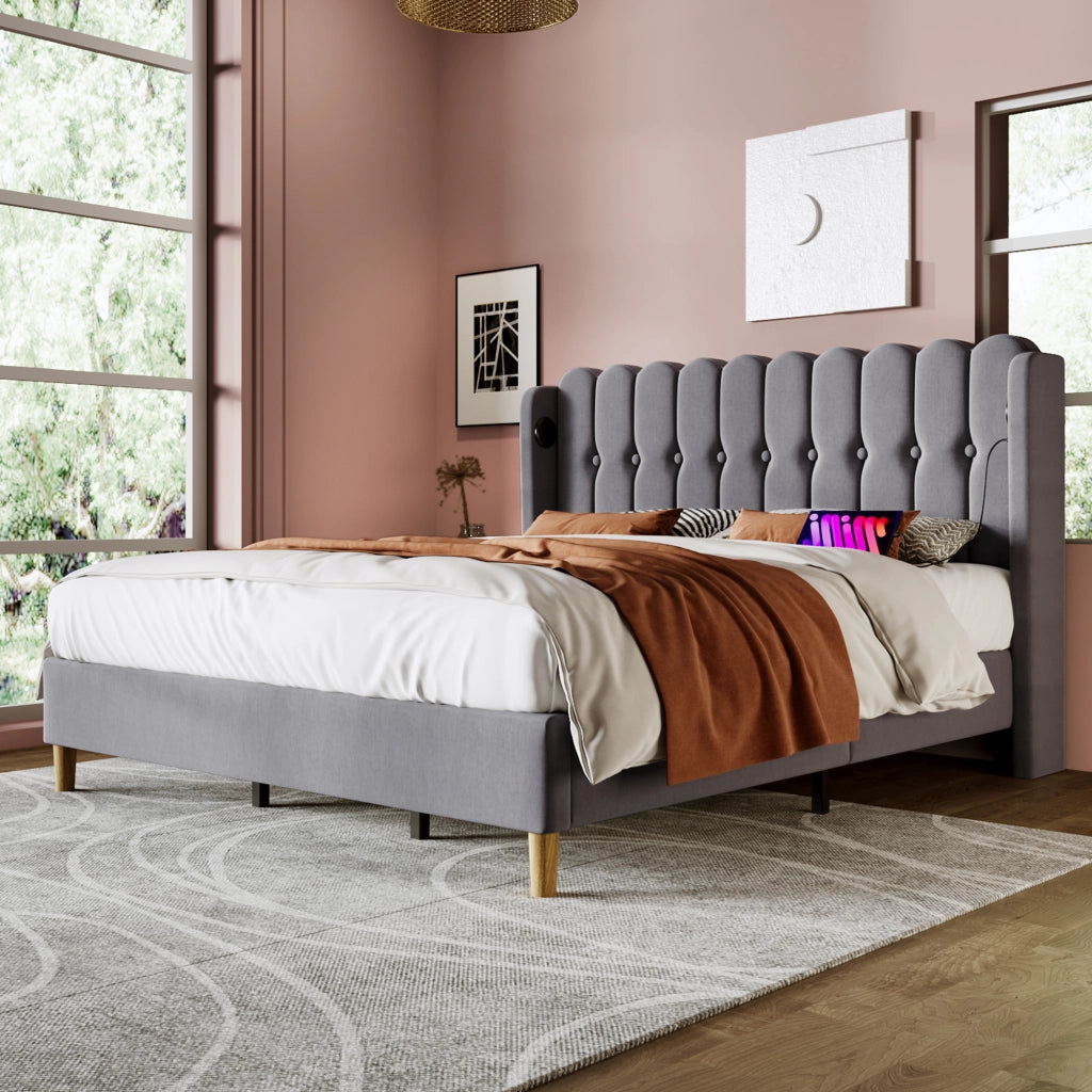 DESMIU Letto Matrimoniale 140 × 200 cm 2 posti con USB e Type-C, con materasso, in lino, grigio