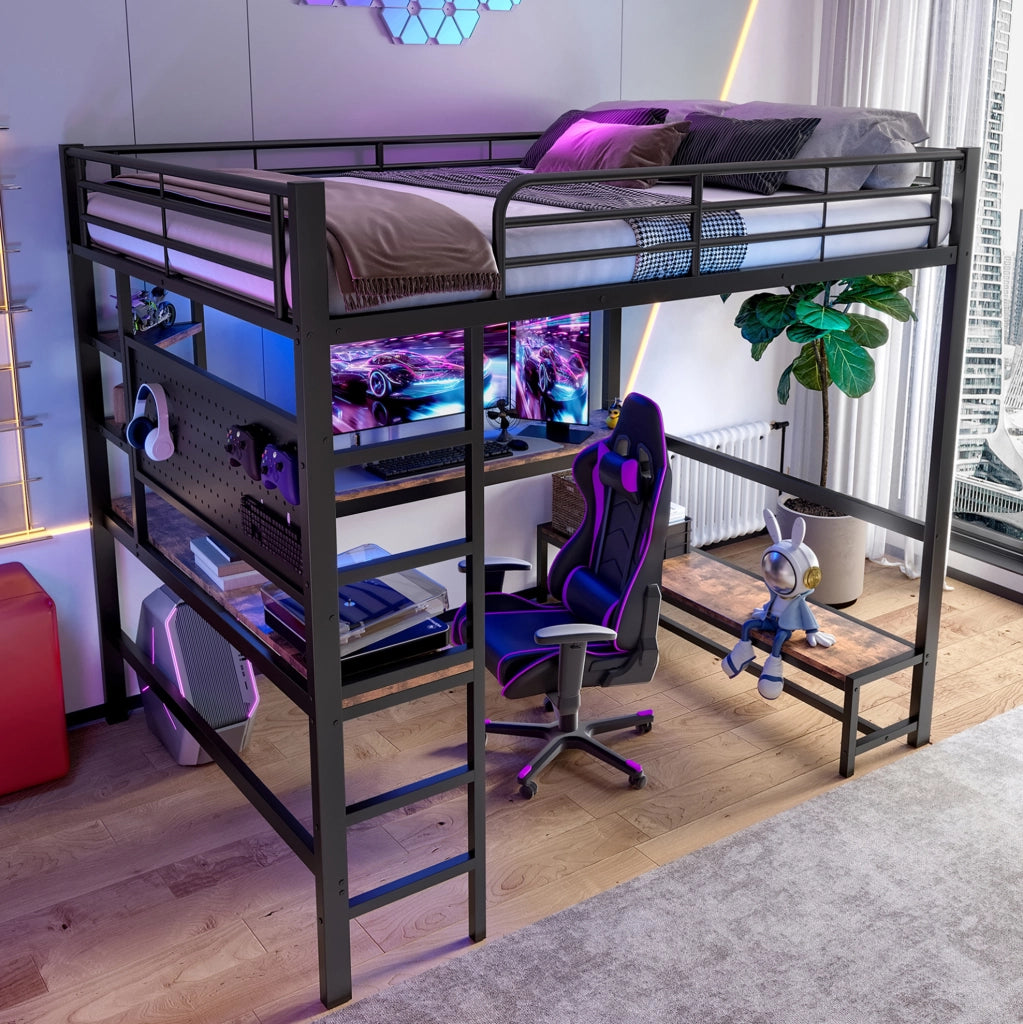 Letto a soppalco 140x200 cm in metallo con scrivania; LED; USB Type-C e ripiani; nero